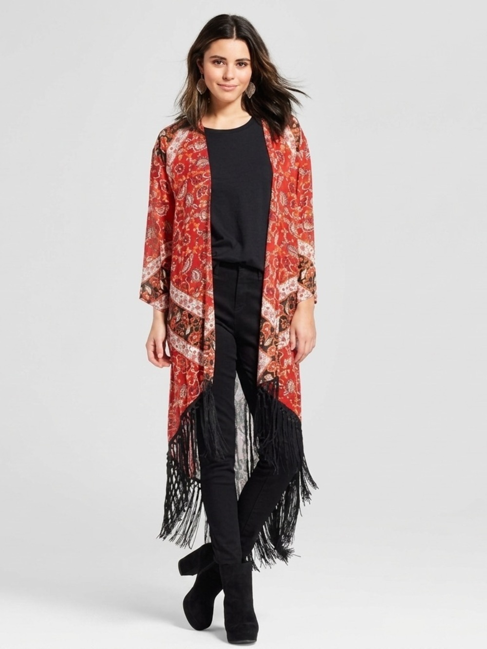 Xhilaration Boho Bloom Fringe Kimono Red Floral XS